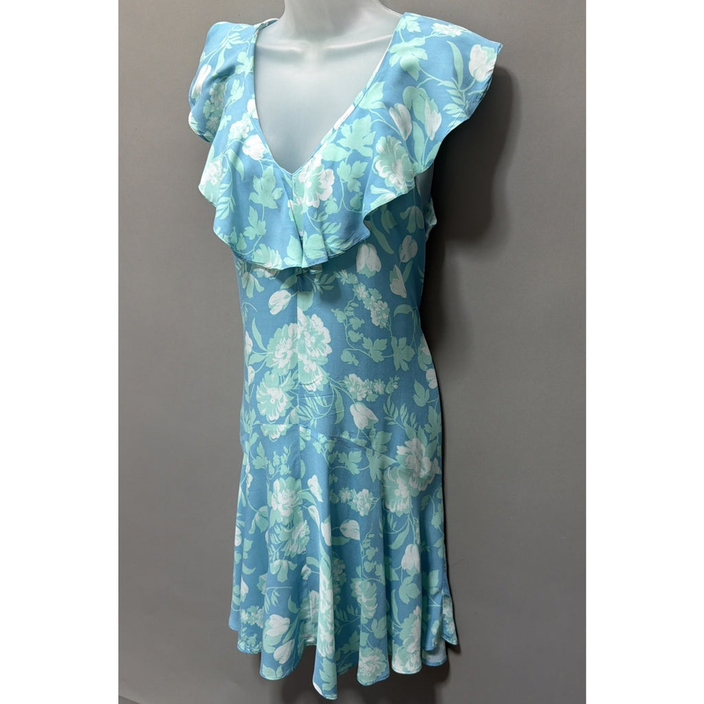 Calvin Klein Floral Challis Ruffle Hem Dress Women's Size 8 Mykonos Blue