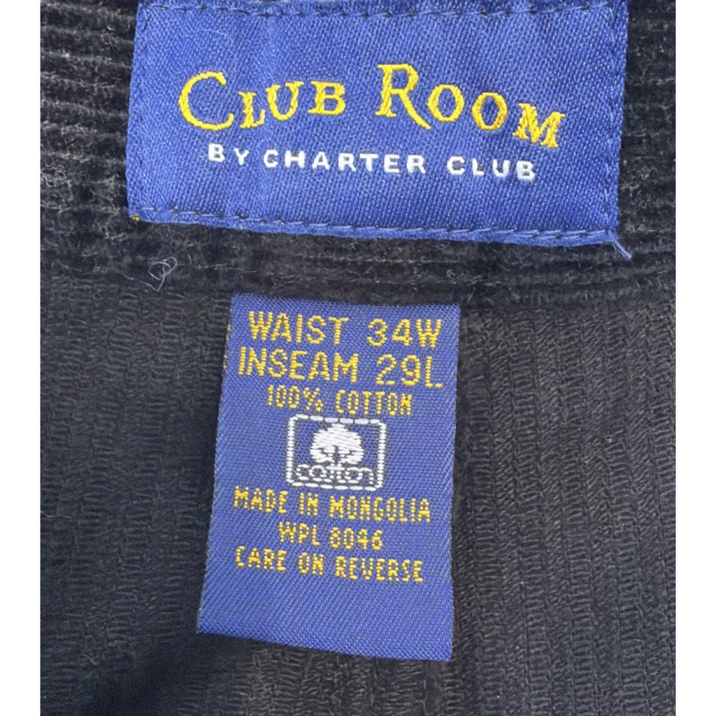 Club Room Men’s 34x29 Black Corduroy Pants 100% Cotton Flat Front