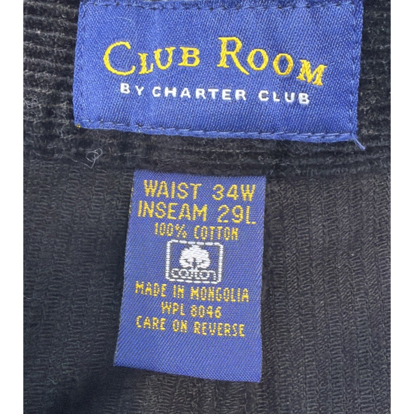 Club Room Men’s 34x29 Black Corduroy Pants 100% Cotton Flat Front