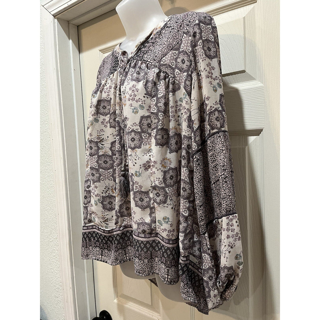 Knox Rose Semi Sheer Boho Top Womens Sz M Purple Floral Bishop Sleeve Tassel
