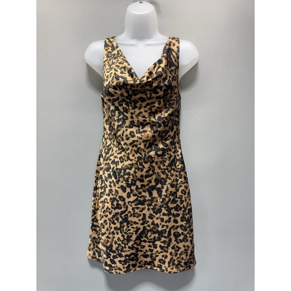 NWT Olivaceous Dress Womens Small Leopard Print Satin Cowl Neck Sleeveless Mini