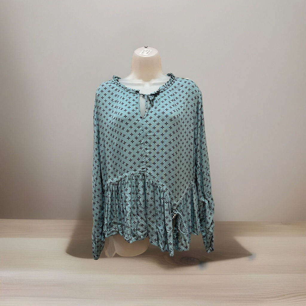 Time And Tru Green Purple Geo Women's Size Medium Ruffled Bottom Flutter Sleeve