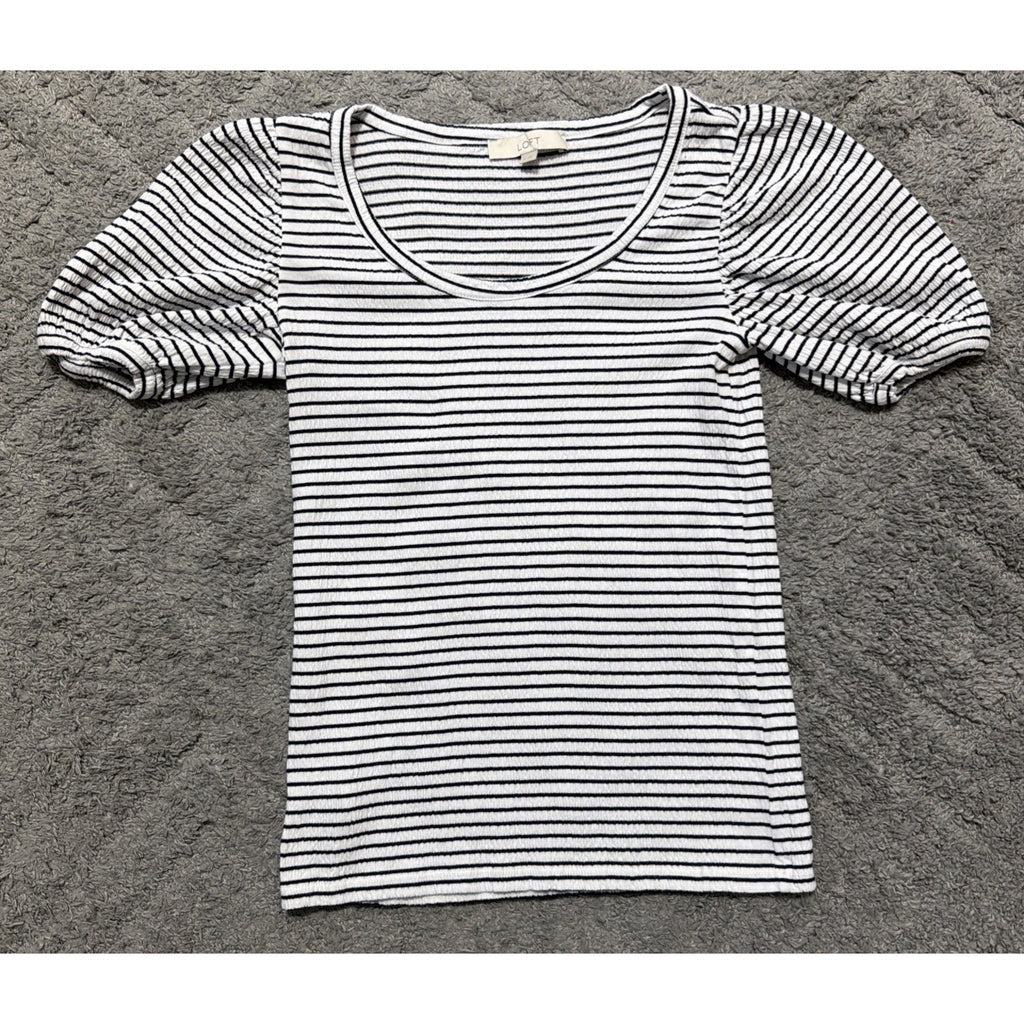 LOFT Womens Small Navy Blue White Striped Short Sleeve Stretch Knit Top