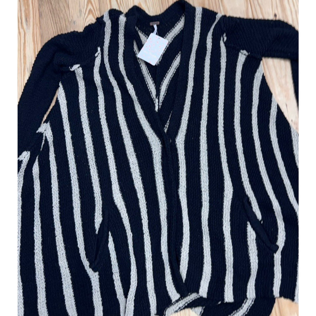 Free People Black Beige Chevron Striped Chunky Circle Cardigan Sweater Size Med