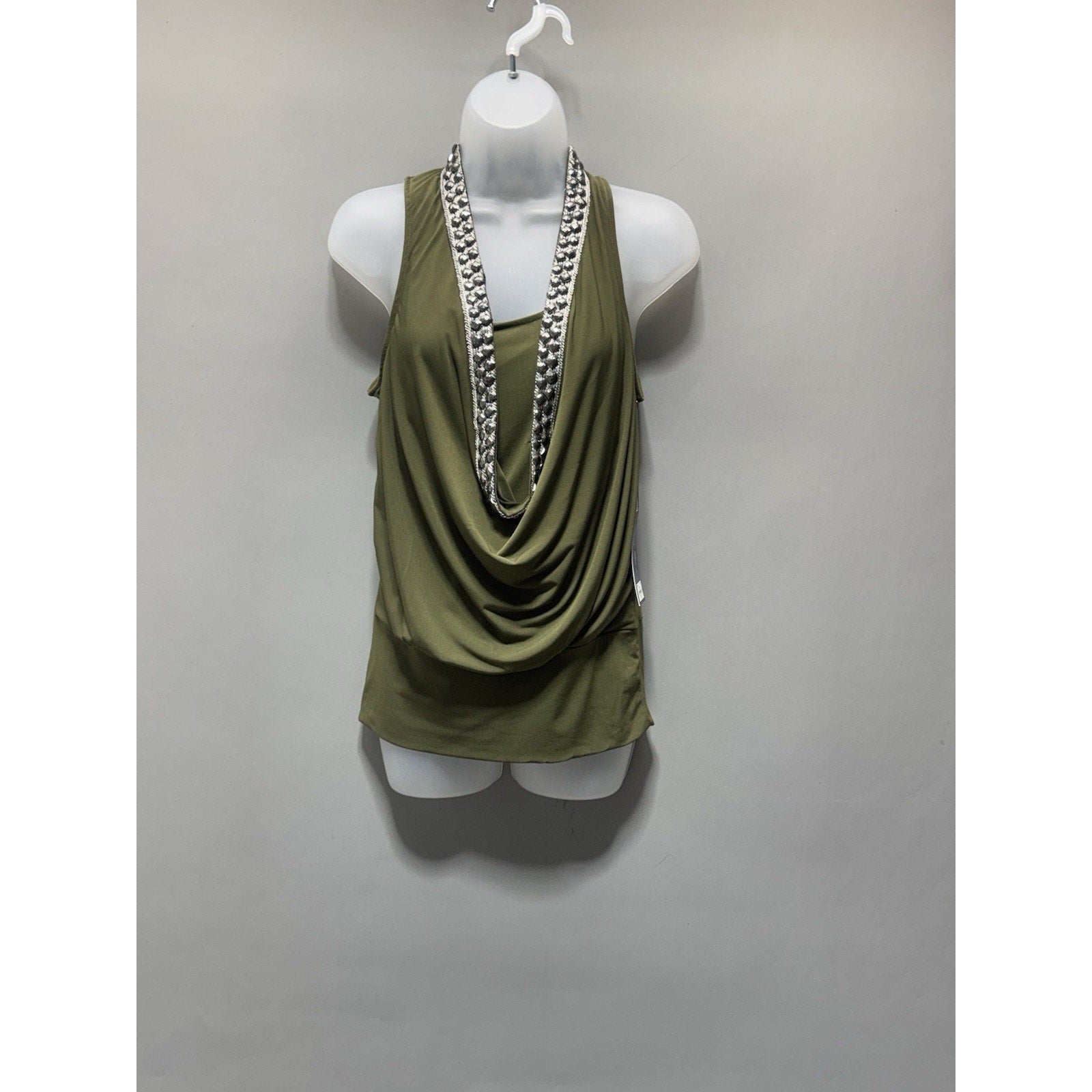 Jennifer Lopez Top Womens Small Olive Green Cowl Neck Embellished Sleeveless New