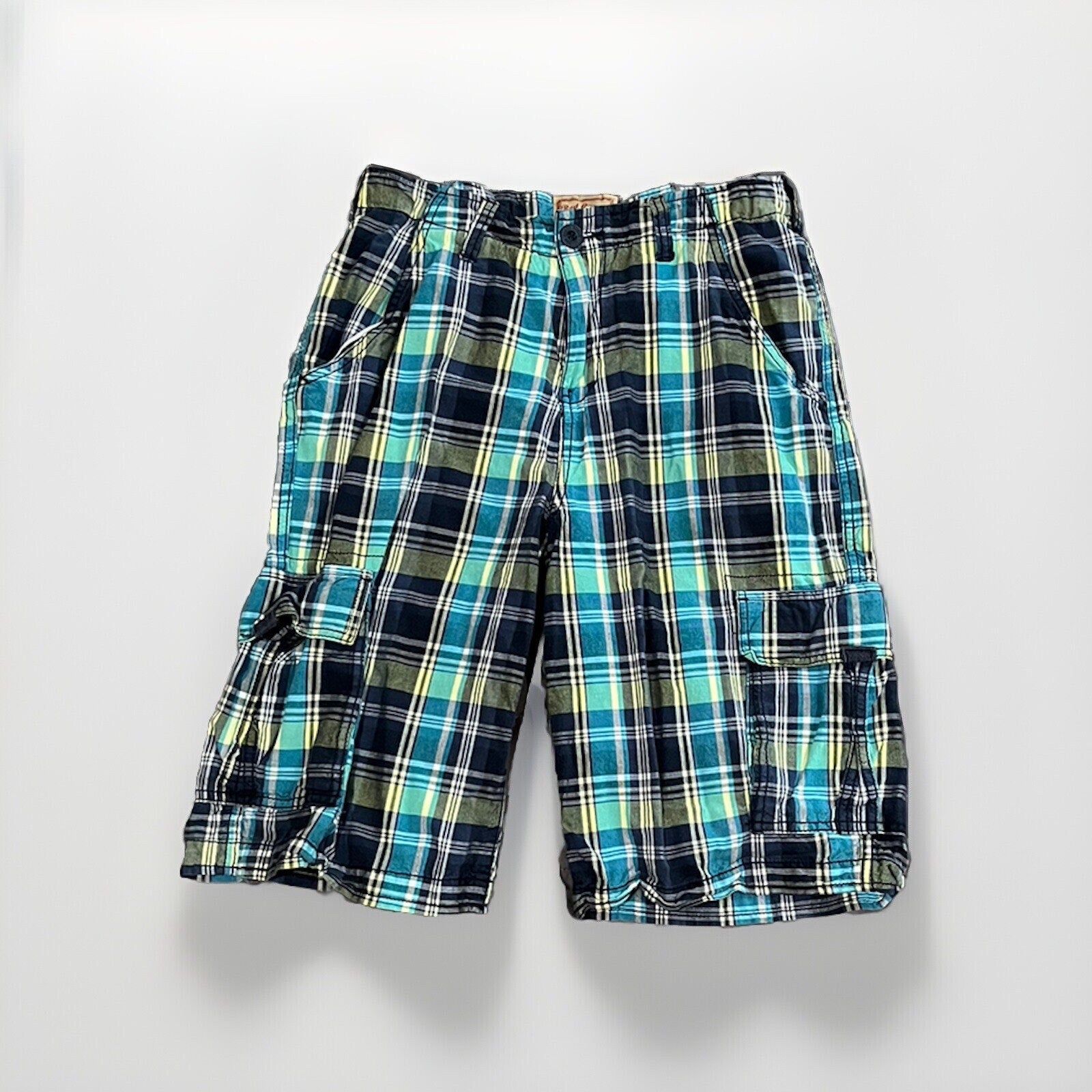 Red Camel Boys Shorts Size 18 Blue Yellow Green Plaid Flat Front Button Cargo