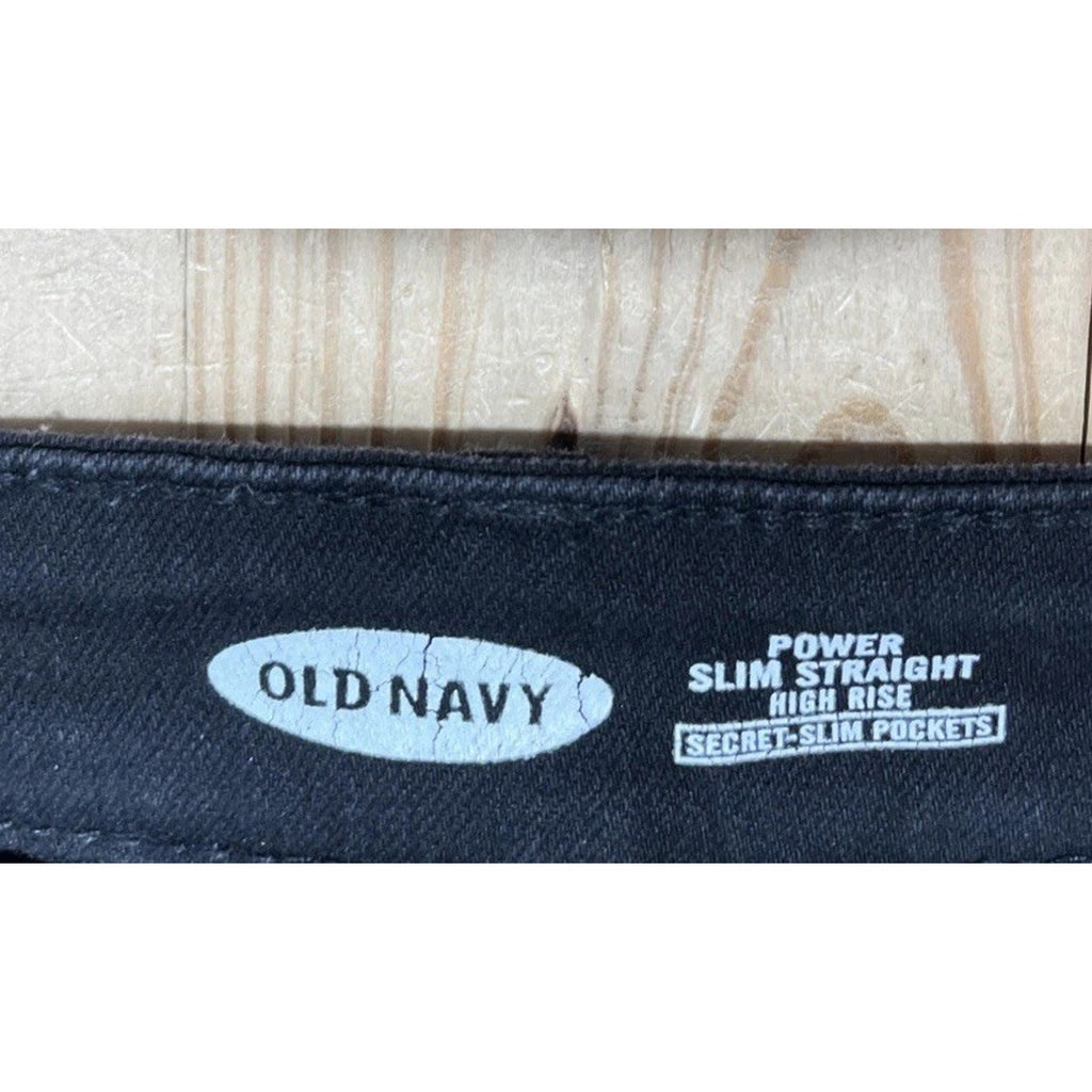 Old Navy Power Slim Straight High Rise Jeans Women's 6 Petite Black Distressed