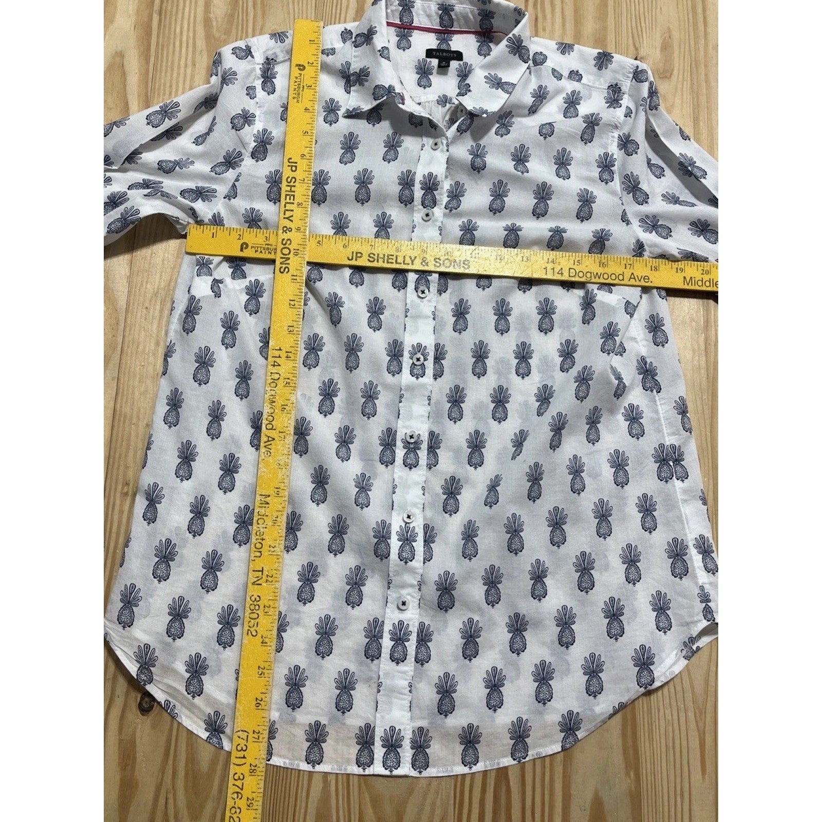 Talbots Blouse Womens Size M White Cotton Blue Paisley Lightweight Button Up