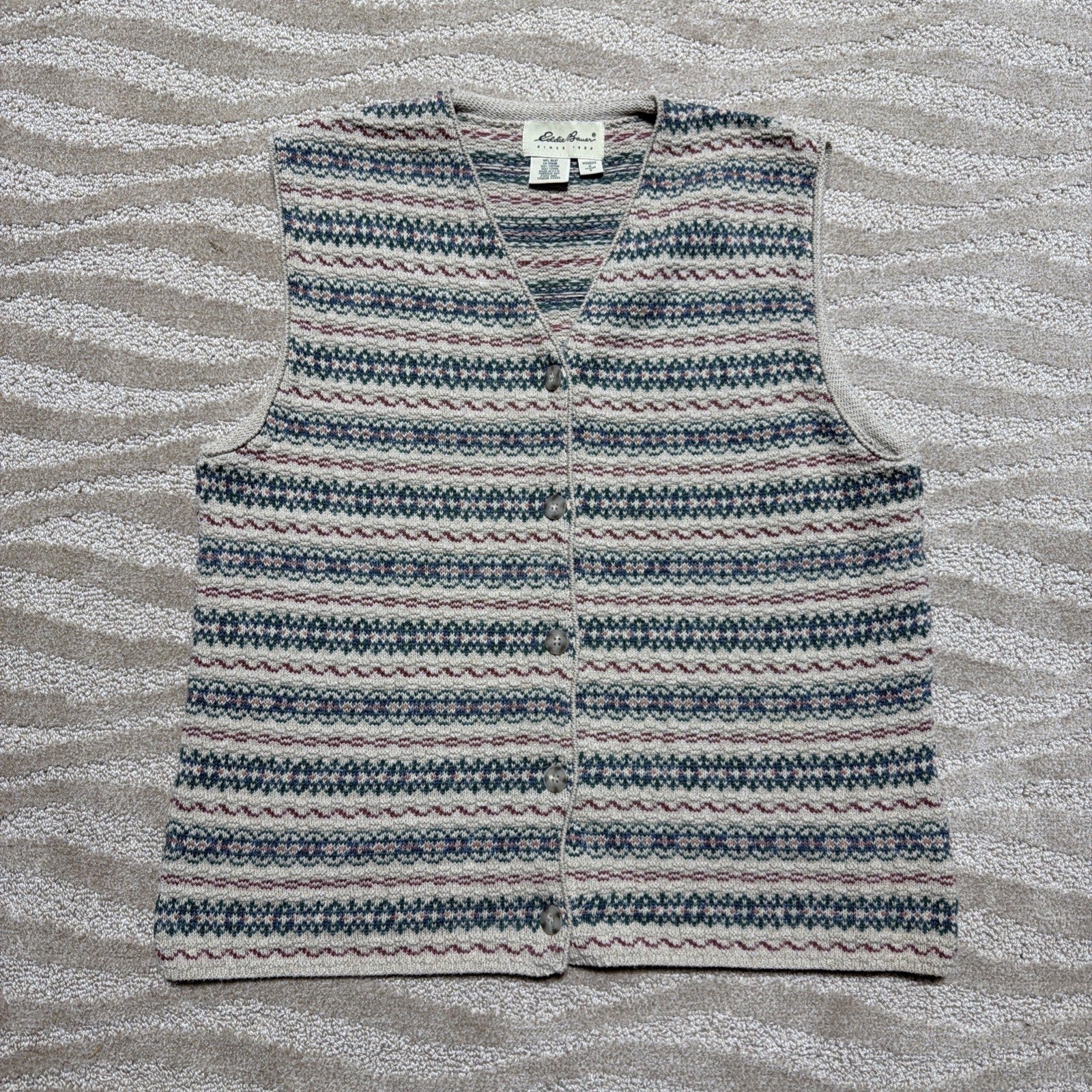 Vintage Eddie Bauer Women's Medium Sweater Vest Fair Isle Button Made In USA