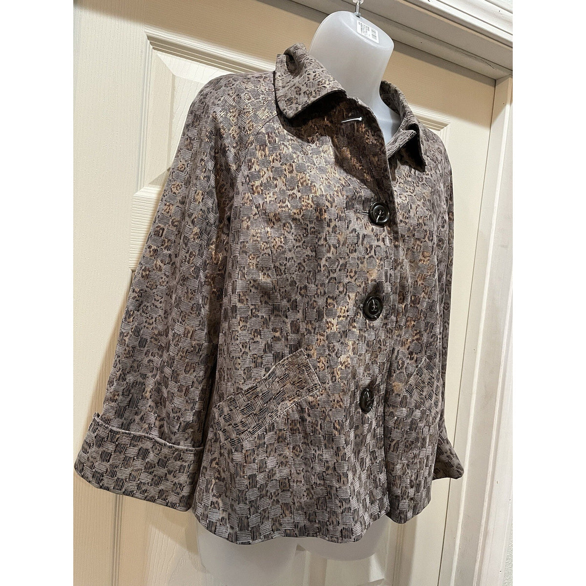BIRCH HILL Gray Brown Polyester Snake Print Zipper Front Coat Jacket Vintage S