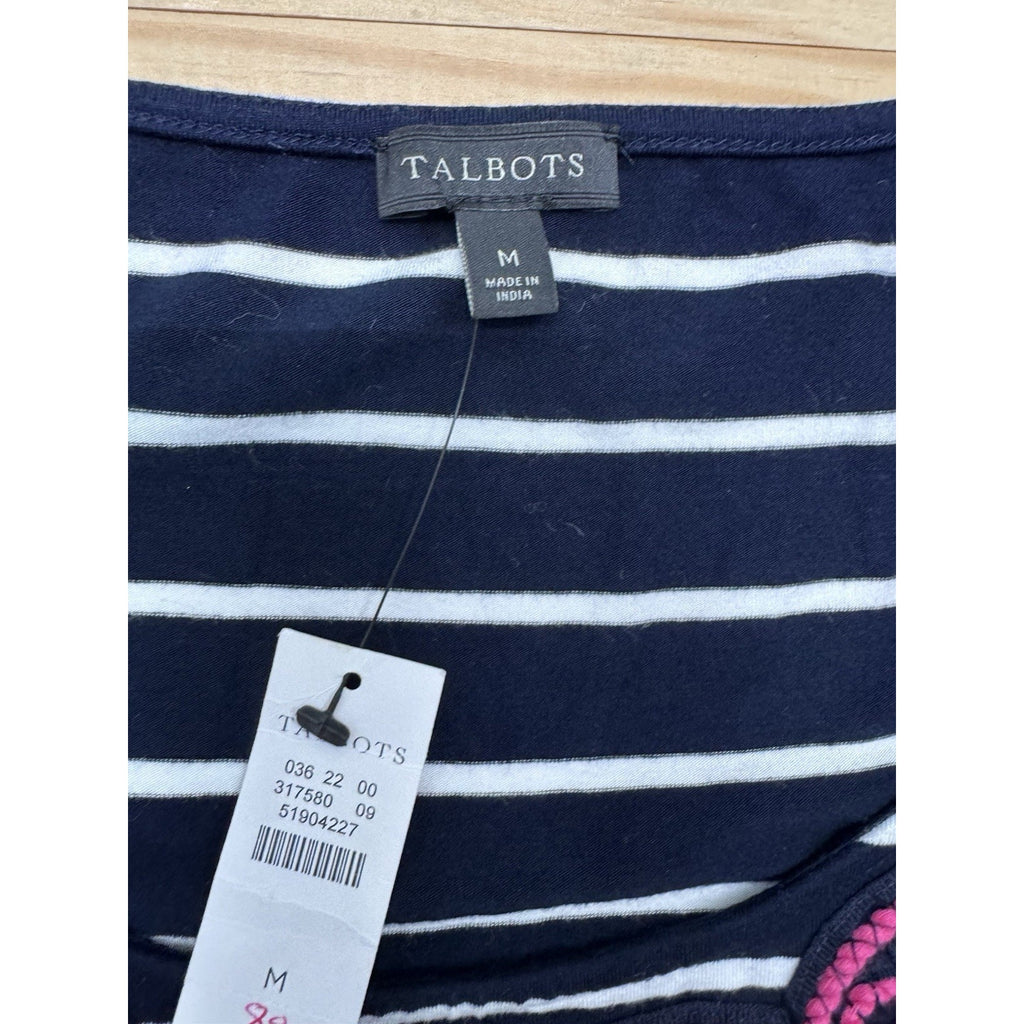 Talbots Maxi Dress Embroidered Navy White Striped Pink Tassel Belt Size M NWT