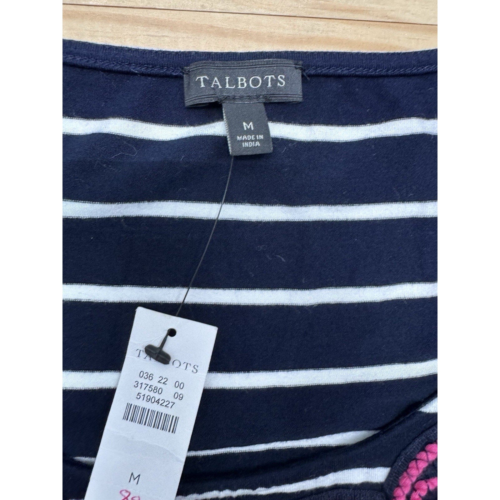 Talbots Maxi Dress Embroidered Navy White Striped Pink Tassel Belt Size M NWT