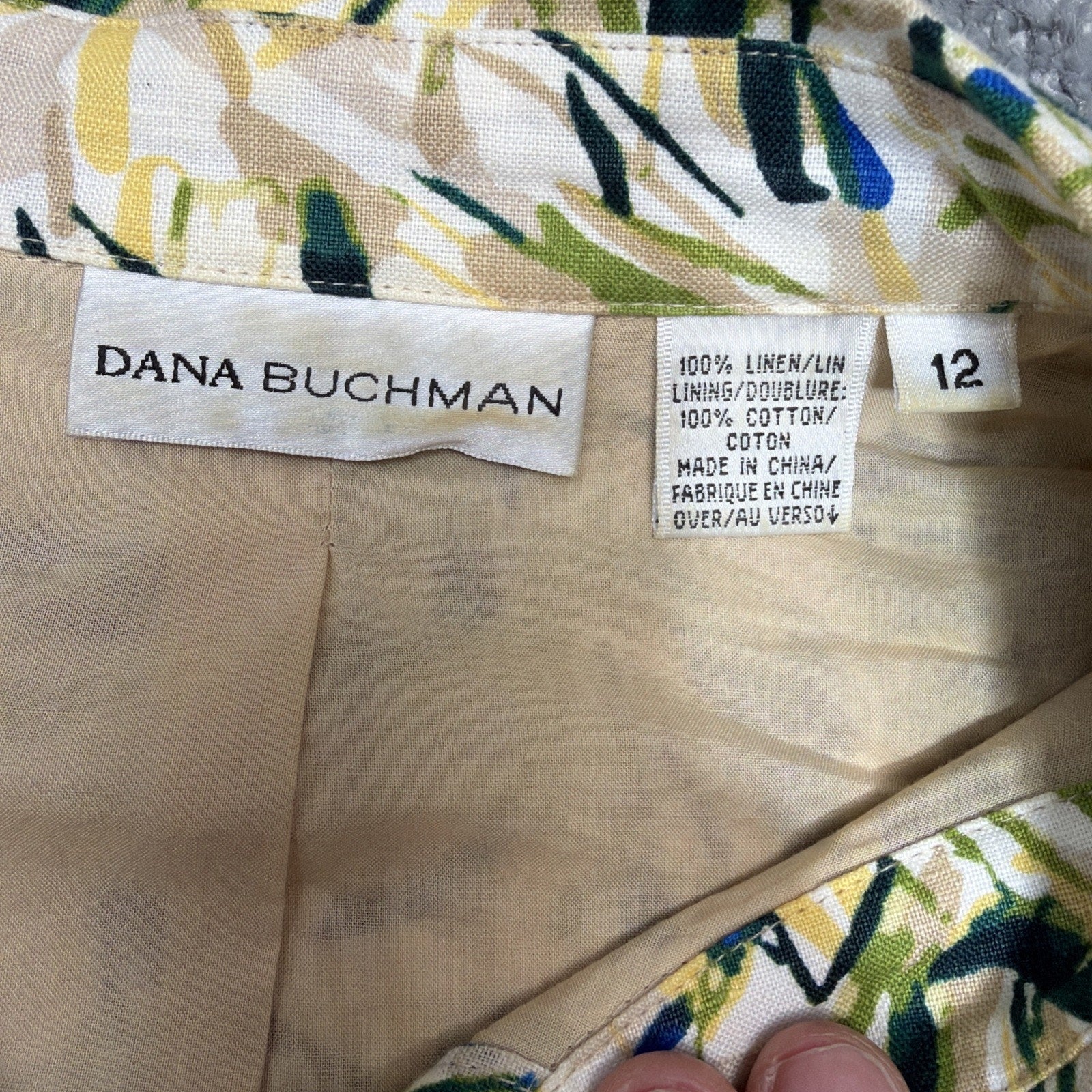 DANA BUCHMAN SIZE 12 100% LINEN BOMBER JACKET PALM PRINT LINED
