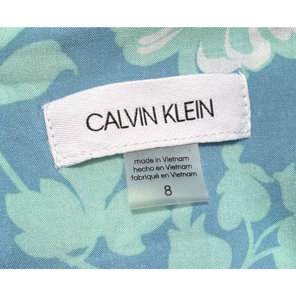 Calvin Klein Floral Challis Ruffle Hem Dress Women's Size 8 Mykonos Blue