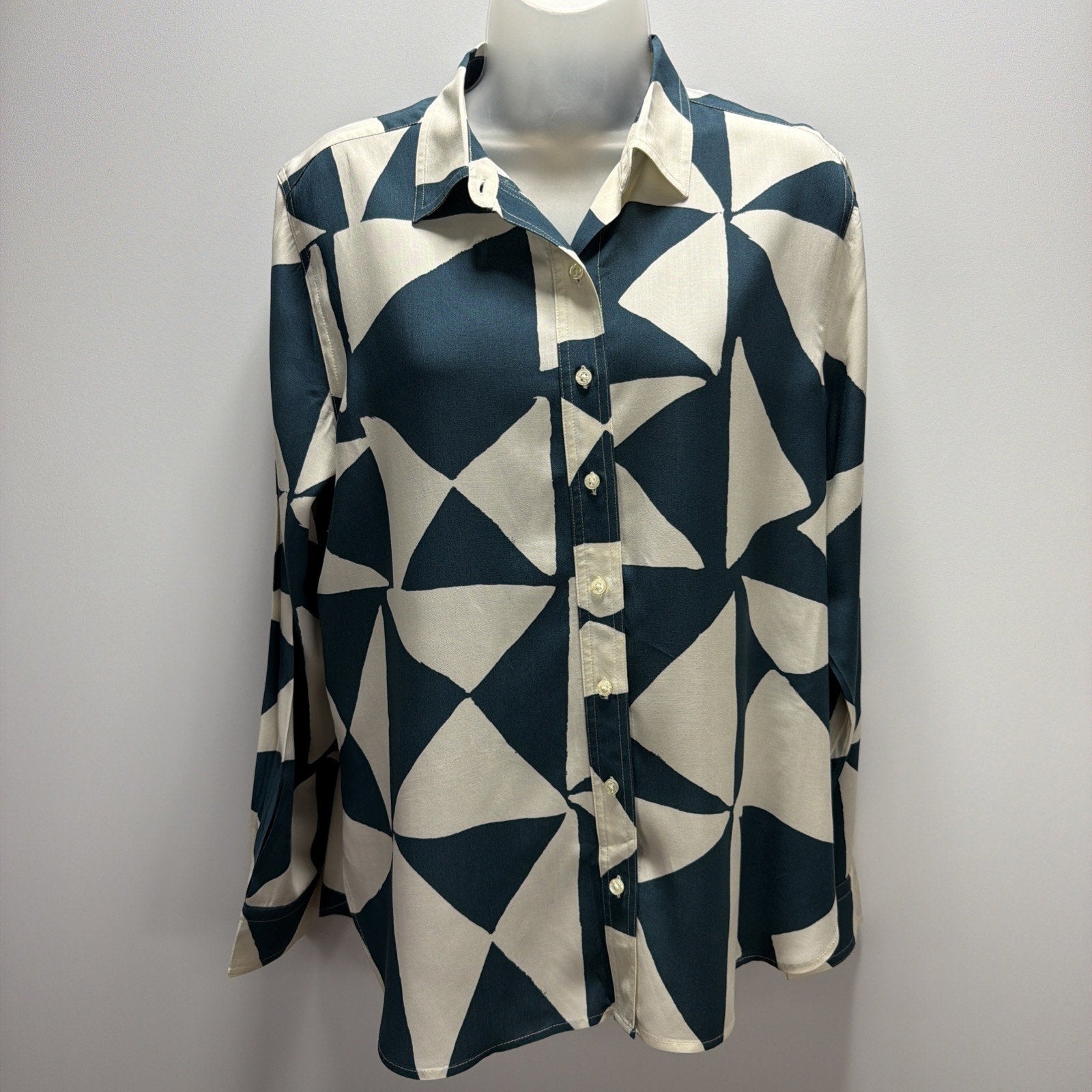 LOFT Womens Sz Medium Long Sleeve Blouse Button Front Geometric Green Off White