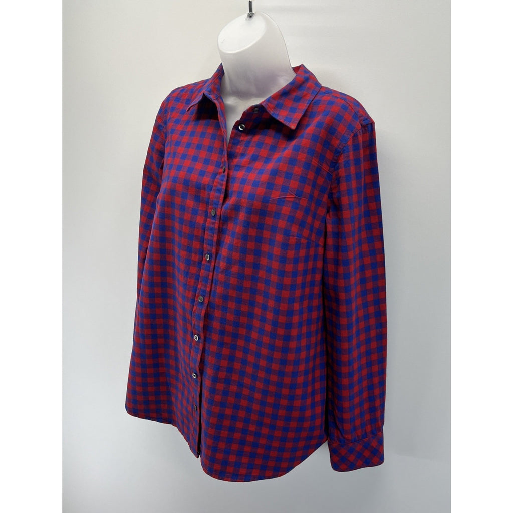 Talbots Red Blue Plaid Button Front Shirt Size M Long Sleeve Flannel