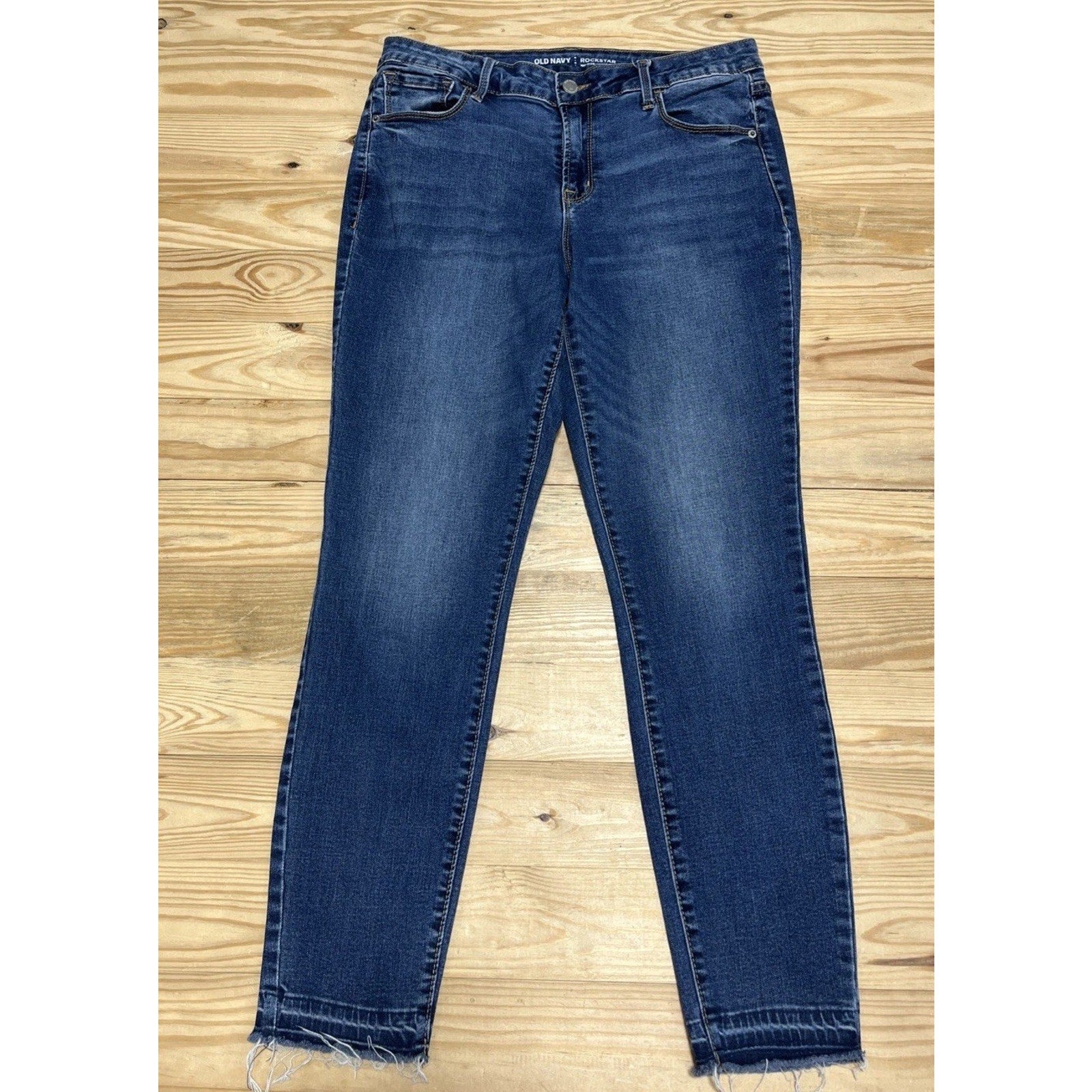 Old Navy Rockstar Super Skinny Jeans Women's 12 Blue Mid Rise 5-Pocket Raw Hem