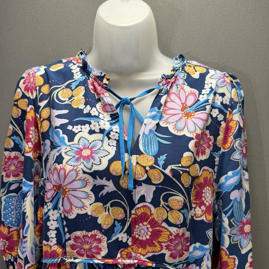 Umgee USA Women Floral Boho Babydoll Tunic Top Navy Tie Neck Long Sleeve