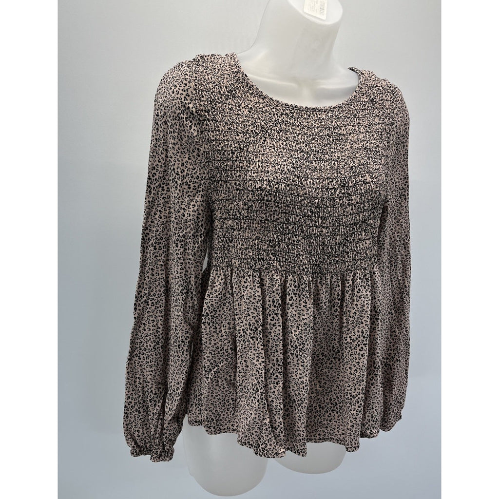 Urban Romantics Blouse Women Large Cream Black Dotted Smock Long Sleeve Peplum