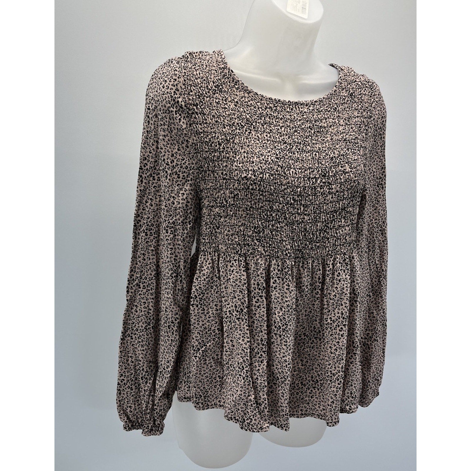 Urban Romantics Blouse Women Large Cream Black Dotted Smock Long Sleeve Peplum