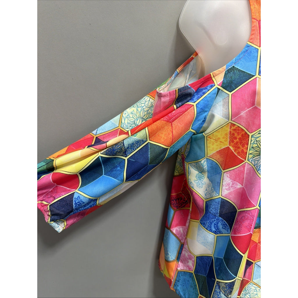 NWT Bluzka Damska Geometric Multi-Colored Print Cold Shoulder Blouse Top L