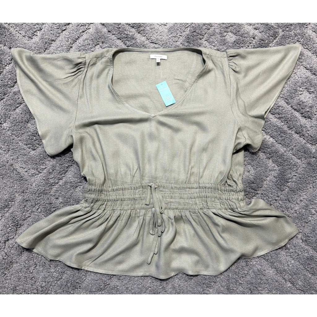 Maurices Top Womens XL Green V-Neck Peplum Tie Waist Boho Peasant
