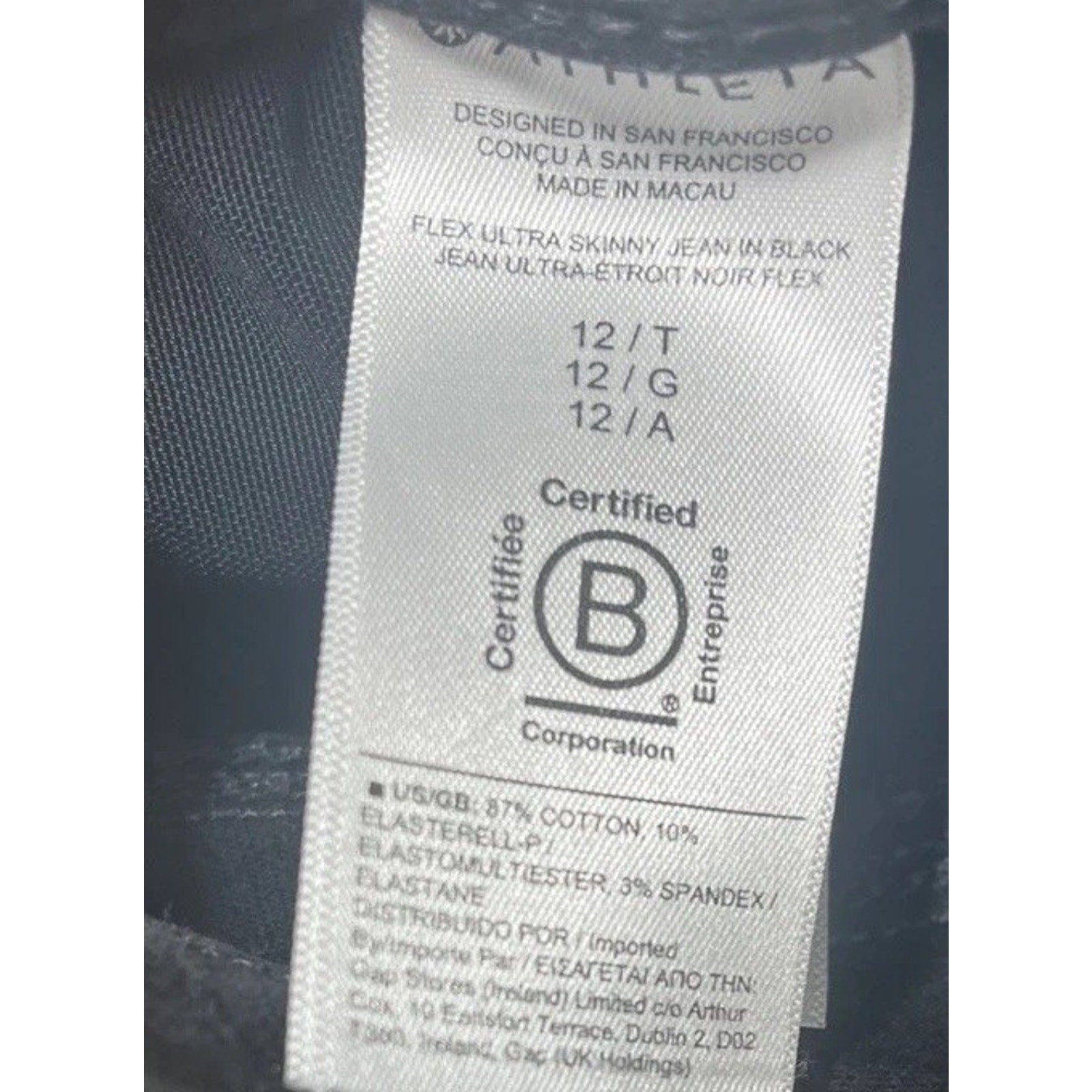 Athleta Jeans Womens 12 Tall Black Skinny Stretch Denim Zip Pocket