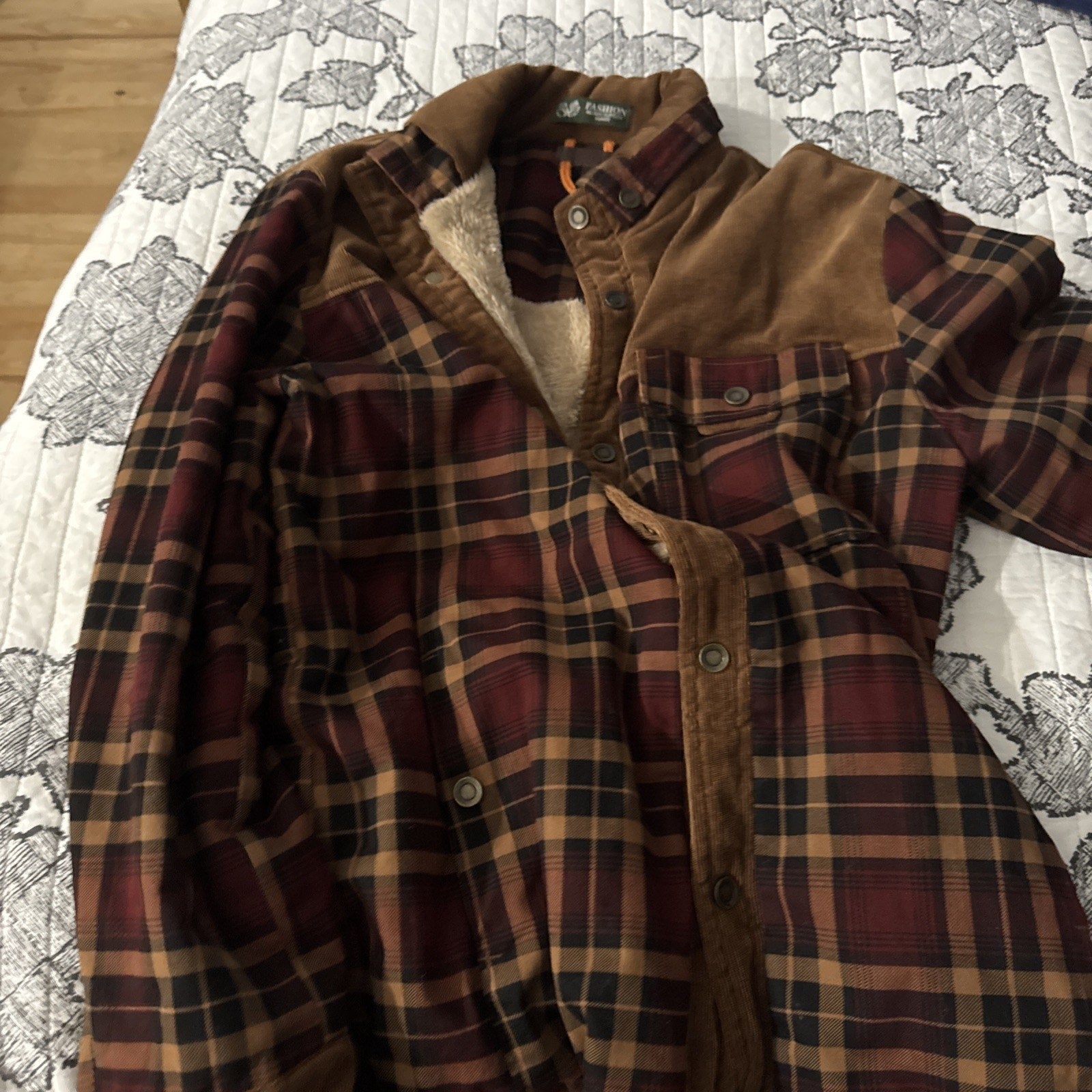 Military Supply Series Plaid Jacket Long Sleeve Shirt Button Front Faux Fur L