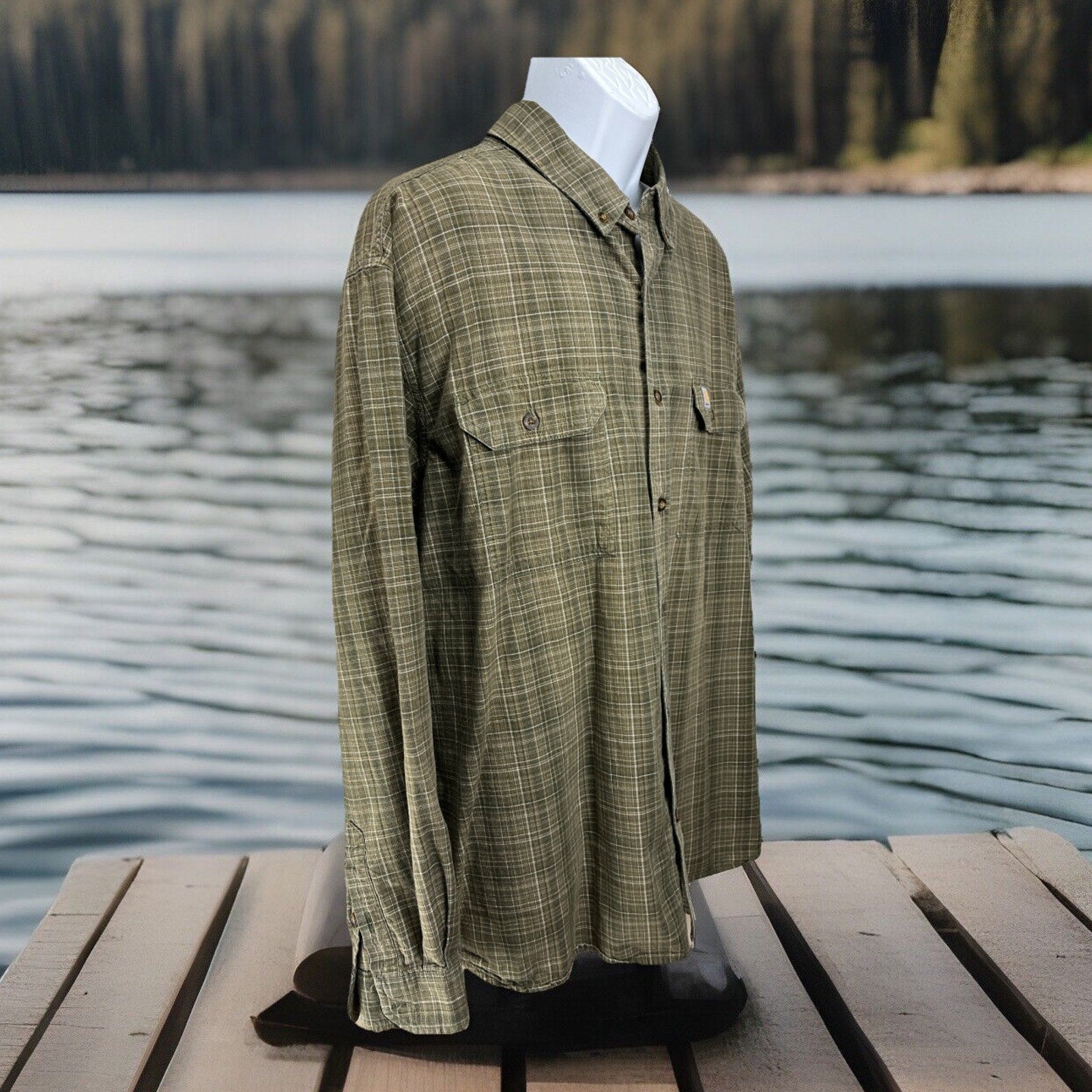 Carhartt Flannel Shirt Men's Size XL Heavyweight Cotton Plaid Original Fit Green