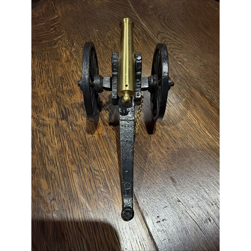 Miniature Cannon Brass Barrel Black Metal Carriage Spoked Wheels Military Decor
