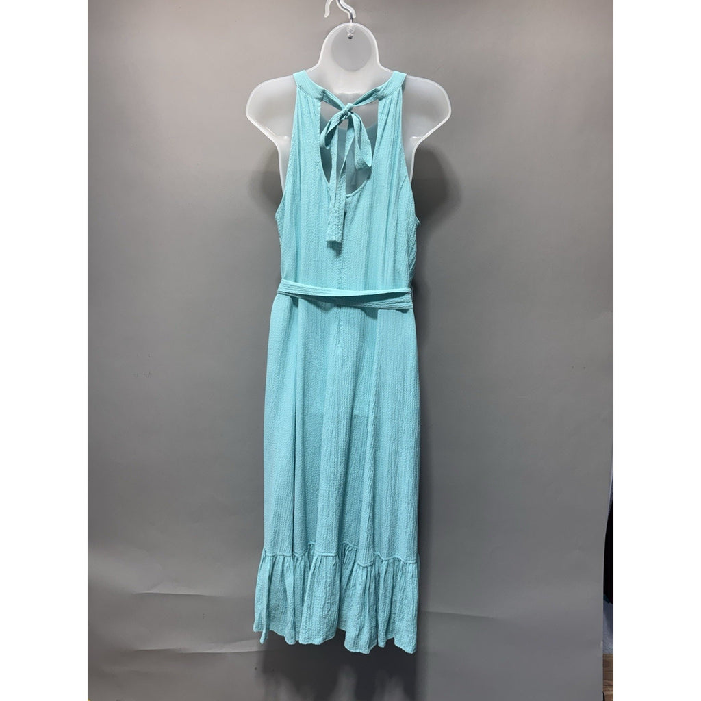 Calvin Klein Dress Size 10 Aqua Blue Sleeveless Tie Waist Midi Maxi Textured