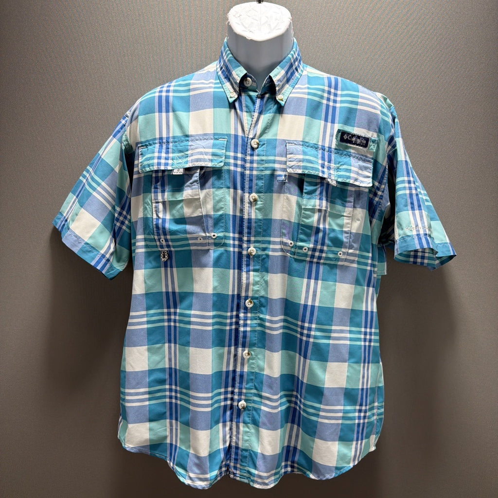 Columbia PFG Super Bahama Shirt Mens S Short Sleeve Fishing Plaid Blue