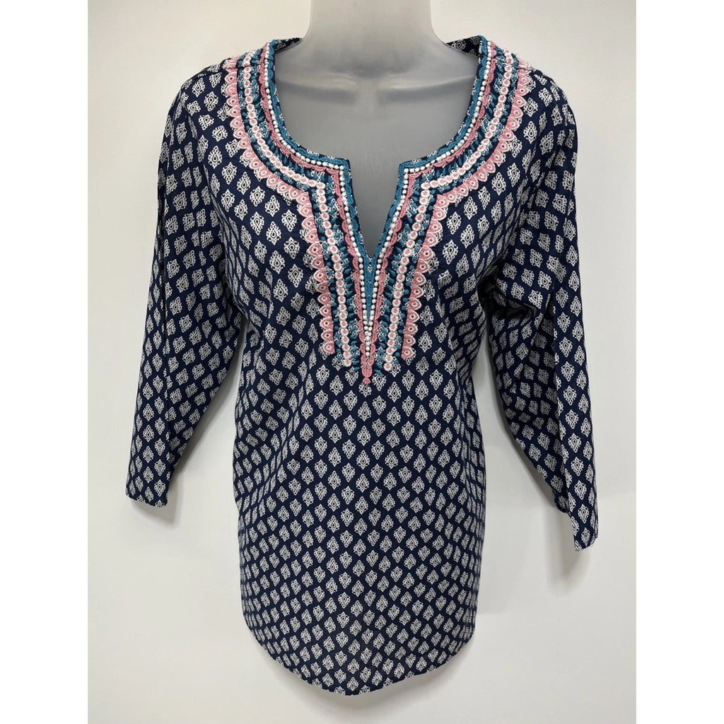 Talbots Top Womens M Blue Embroidered 3/4 Sleeves Relaxed Fit Cotton Boho Shirt