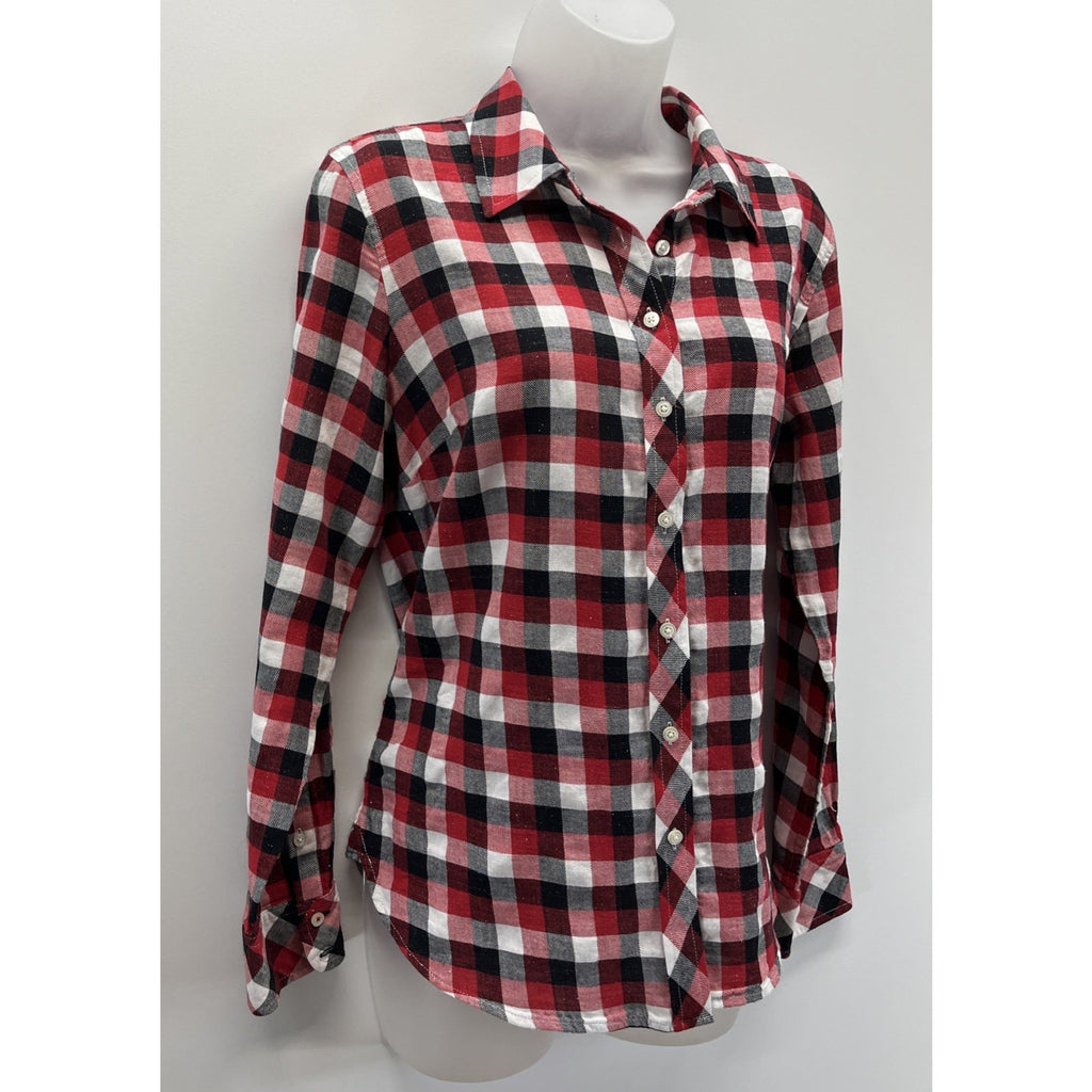 Talbots Shirt Womens Sz S Long Sleeve Button Down Red White Silver Metallic