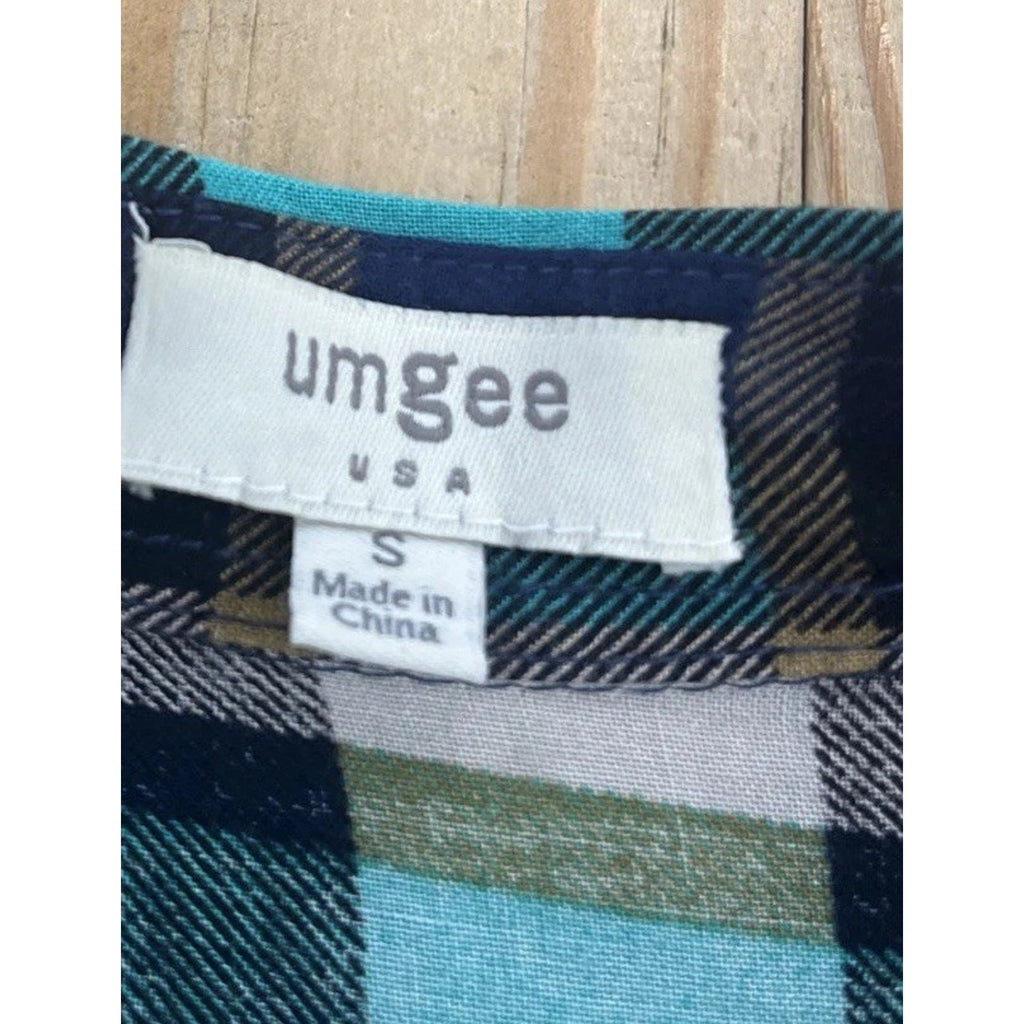 Umgee curvy Plaid Tunic with Lace blue green flannel button down Small
