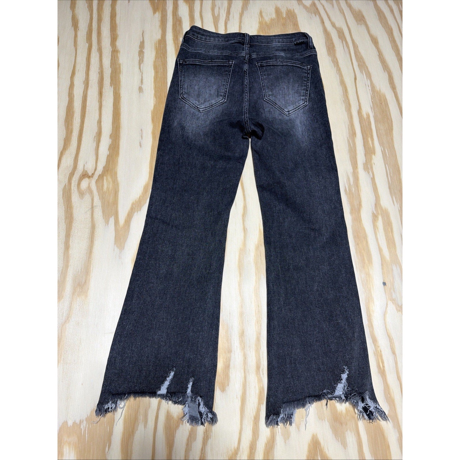 RISEN Raw Hem Cropped High Rise Flared Leg Black Washed Denim Jeans 5/27