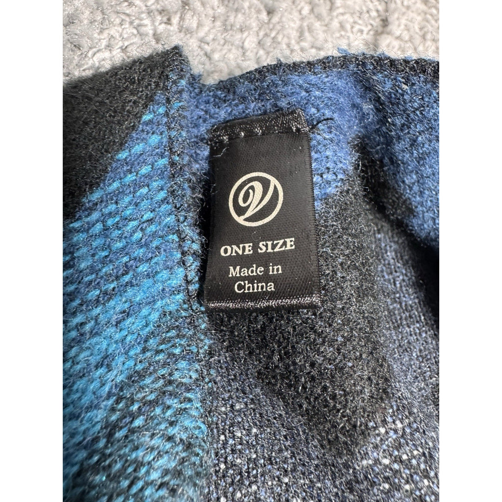 V Poncho Shawl Blue, black, White Chevron (zig-zag) Pattern One Size Fringe