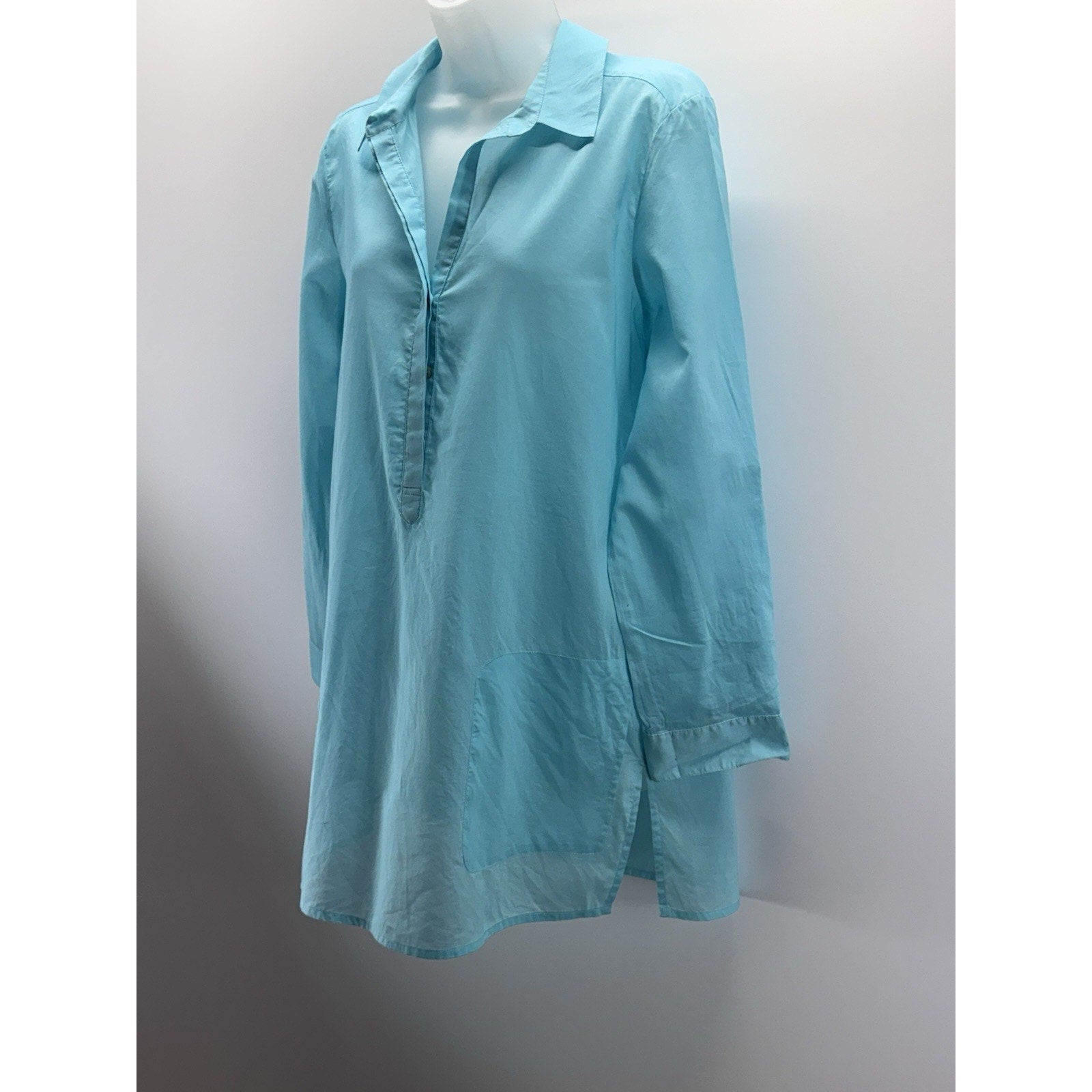 CHICOS Lightweight Sheer Tunic 1/2 Button Front Pockets Blue Women’s Size 1/Med
