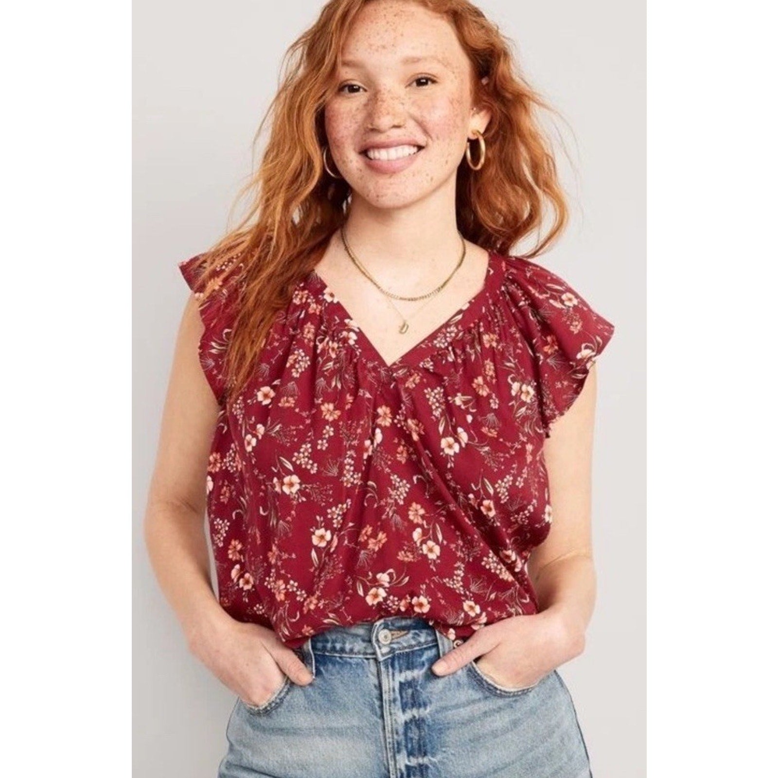 OLD NAVY Flutter-Sleeve Floral-Print Swing Cottagecore Blouse-Red Floral-S New