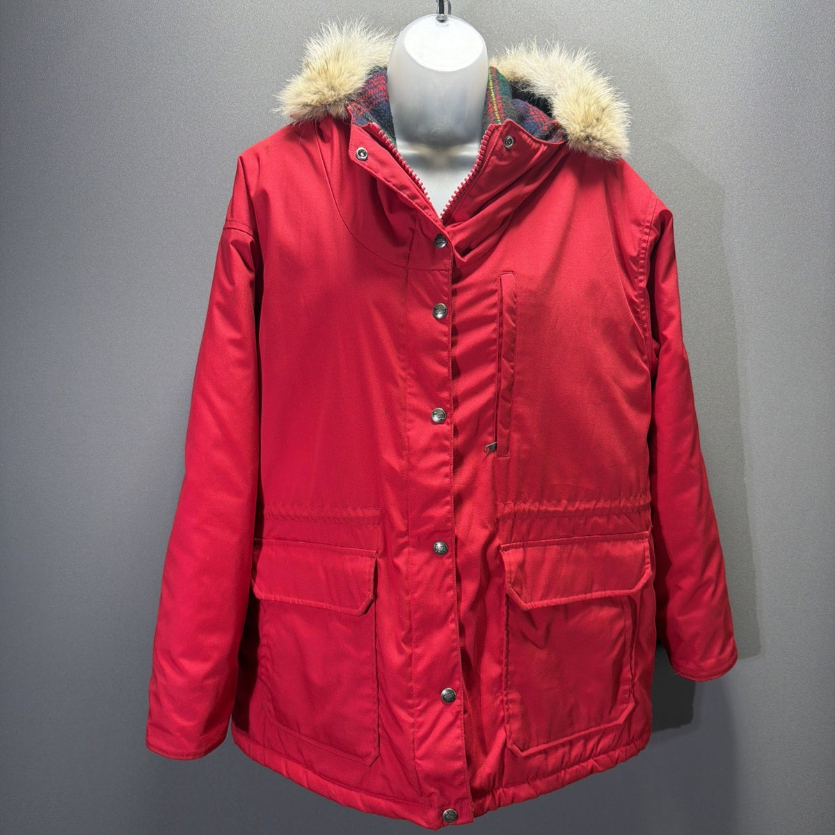 Vintage Woolrich Jacket Womens L Red Wool Lined Parka Coyote Fur Hood Made USA