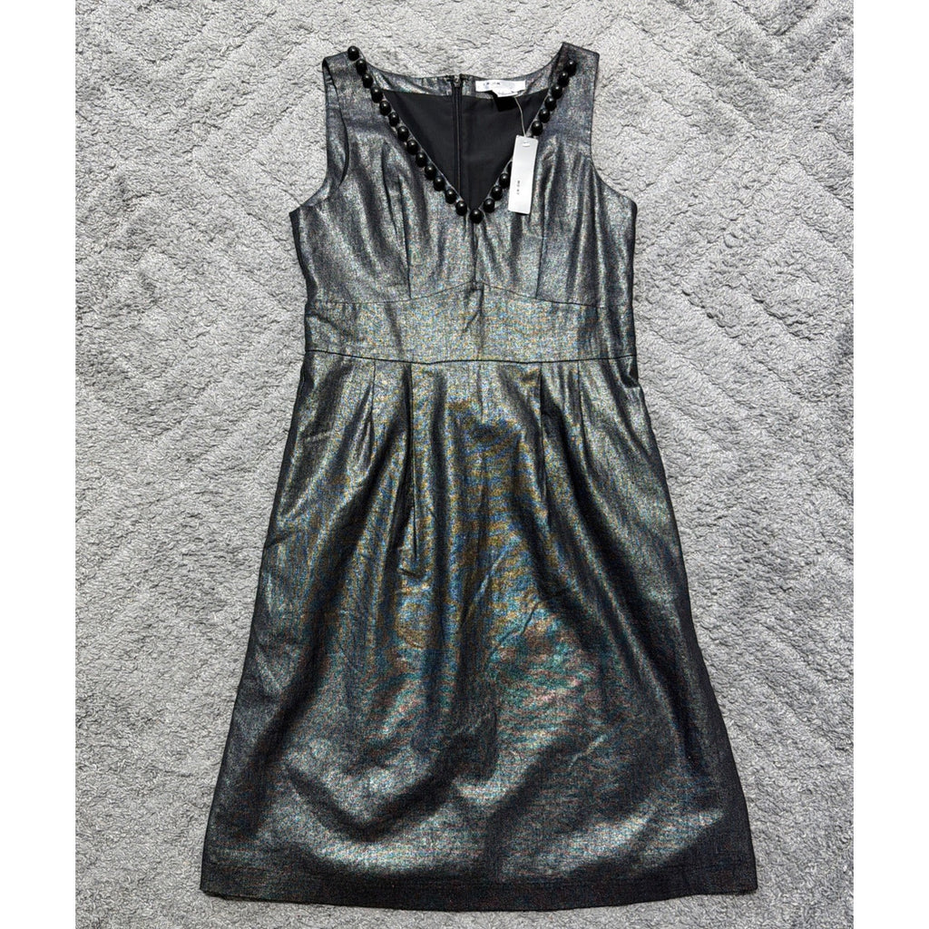 WDNY Dress 6 Black Linen Blend Beaded Metallic Sheath Knee Length Sleeveless NWT