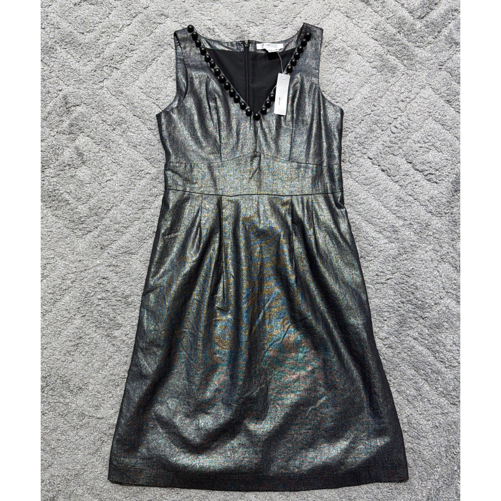 WDNY Dress 6 Black Linen Blend Beaded Metallic Sheath Knee Length Sleeveless NWT