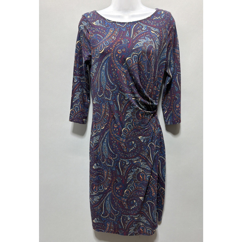 Talbots M Burgundy navy Paisley Sheath dress Stretch Career Cocktail Chic Midi