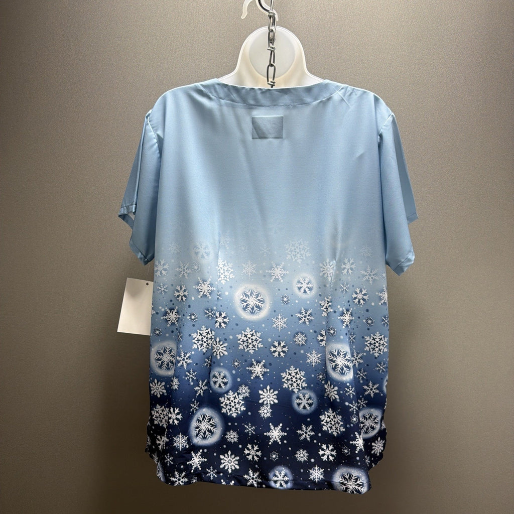 UA Scrubs Butter Soft Women's L Scrub Top Snowflake Blue Winter Christmas Stretc