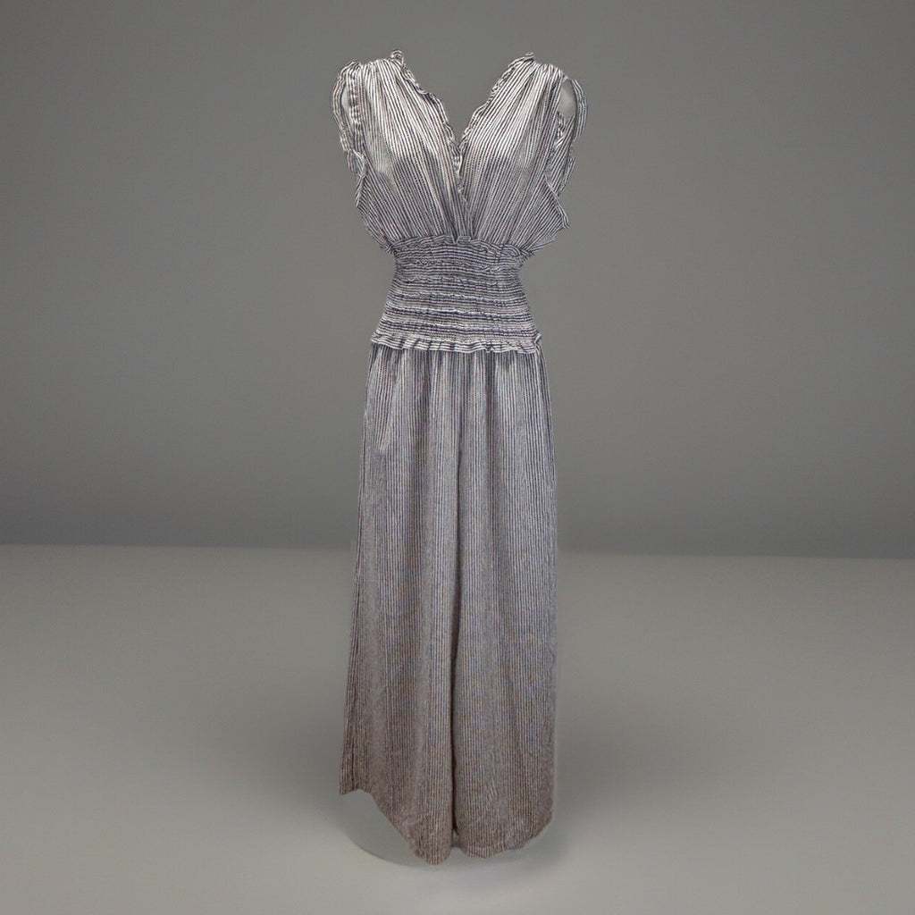 Max Studio NWT Smocked Waist Surplice Neck Wide Leg Crepe Jumpsuit Black Multi