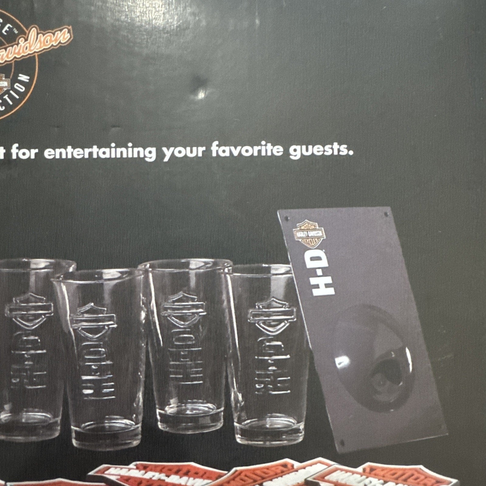 Harley Davidson Embossed Pint Glass Gift Set 6 Glasses Coasters Wall Opener NIB
