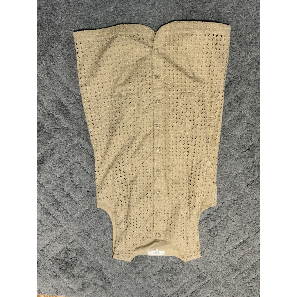 LOFT Womens Size 8 Beige Eyelet Sleeveless Tunic Dress Button Front Pockets