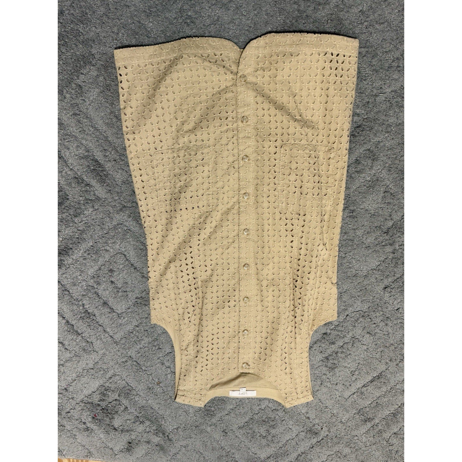 LOFT Womens Size 8 Beige Eyelet Sleeveless Tunic Dress Button Front Pockets