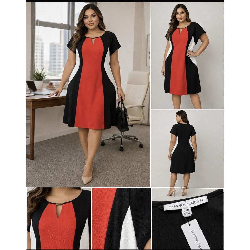 Sandra Darren Dress 22W Red Black White Colorblock A-Line Keyhole Short Sleeve