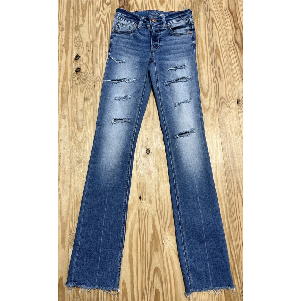 Maurices Jeans Woman’s Distressed Slim Boot Raw Hem Mid Rise Stretch 0 L 25x33